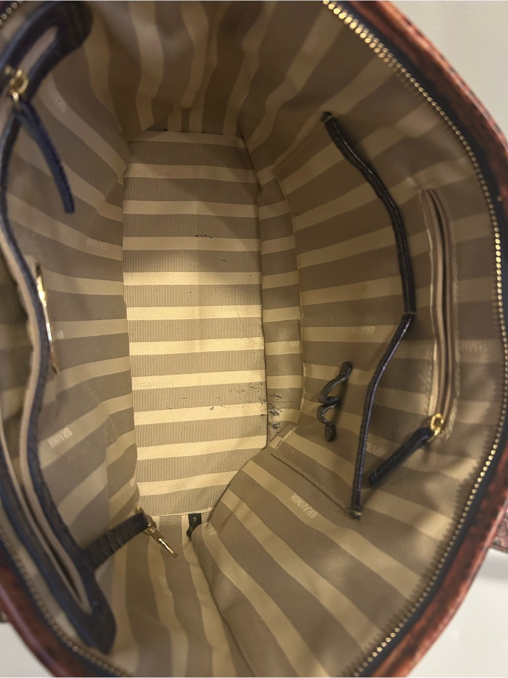 Brahmin Navy and Brown Croc-Embossed Leather Tote with Cream Tassel - Picture 4 of 10